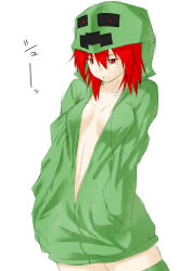 Rule 34 | 1girl, creeparka, creeper, hands in pockets, highres, hood, hoodie, minecraft, naked hoodie, niwatazumi, personification, red eyes, red hair, short hair, sketch, solo, thighhighs, translation request