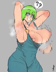 Rule 34 | 1girl, ?, ??, absurdres, armpits, arms behind head, arms up, bouncing breasts, breasts, breasts out, clothes, emboquo, female focus, foo fighters (jojo), green hair, grey background, highres, huge breasts, jojo no kimyou na bouken, looking at viewer, medium hair, nipples, simple background, smile, solo, speech bubble, sweat, wardrobe malfunction