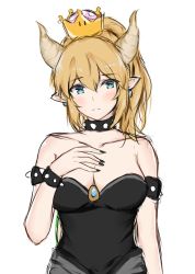 Rule 34 | 1girl, adore (adoredesu), bare shoulders, black dress, blonde hair, blue eyes, bowsette, bracelet, breasts, collar, crown, dress, highres, horns, jewelry, looking at viewer, mario (series), nail polish, new super mario bros. u deluxe, nintendo, pointy ears, simple background, sketch, solo, spiked bracelet, spiked collar, spikes, strapless, strapless dress, super crown, upper body, white background
