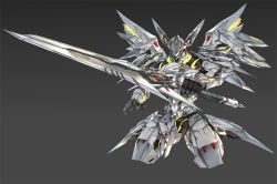 Rule 34 | crack, gradient background, grey background, highres, holding, holding sword, holding weapon, lxkate, mecha, no humans, original, robot, scratches, simple background, solo, sword, weapon, wings, yellow eyes