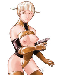 Rule 34 | 1girl, bad id, bad pixiv id, blonde hair, bowl cut, breastless clothes, breasts, brown eyes, elbow gloves, gloves, gun, kusagami style, large breasts, latex, latex gloves, leotard, nipples, original, short hair, simple background, skin tight, solo, thighhighs, ugly face, weapon, white background