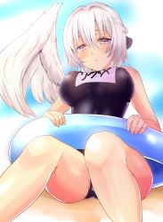 Rule 34 | 1girl, absurdres, alternate costume, bad id, bad pixiv id, beach, blue sky, braid, day, french braid, fujimori tonkatsu, highres, innertube, kishin sagume, looking at viewer, one-piece swimsuit, outdoors, red eyes, sand, school swimsuit, single wing, sitting, sky, solo, swim ring, swimsuit, touhou, white hair, white wings, wings
