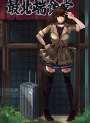Rule 34 | 1girl, bad id, bad pixiv id, belt, black thighhighs, breasts, brown eyes, brown hair, choker, coat, ctrlz77, dated, hairband, hand on own hip, high heels, highres, large breasts, long hair, looking at viewer, luggage, original, skirt, smile, solo, thighhighs, v