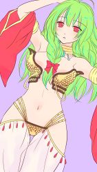 Rule 34 | 1girl, absurdres, arm up, bikini, blush, bow, braid, breasts, commentary request, cowboy shot, detached sleeves, dutch angle, flat color, front braid, gem, green hair, gypsy (ragnarok online), hair bow, highres, jewelry, long hair, looking at viewer, manoji, medium breasts, navel, necklace, open mouth, pants, purple background, ragnarok online, red bow, red eyes, red sleeves, sequins, side braids, simple background, solo, strapless, strapless bikini, swimsuit, twin braids, white pants, yellow bikini