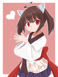 Rule 34 | 1girl, ahoge, ao (aoblueao), blue skirt, brown hair, closed mouth, hair between eyes, hands up, headgear, heart, japanese clothes, kimono, long sleeves, looking at viewer, obi, own hands together, pleated skirt, print kimono, red eyes, sash, short kimono, skirt, smile, solo, touhoku kiritan, twintails, voiceroid, white kimono, wide sleeves