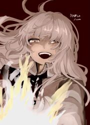 Rule 34 | 1girl, :d, adipocere (vocaloid), black ribbon, bruise, bruise on face, bruised eye, collared shirt, commentary, fire, floating hair, haeki (kkmtkm), hair over one eye, half-closed eyes, highres, injury, light blush, long hair, messy hair, neck ribbon, open mouth, reaching, reaching towards viewer, red background, ribbon, shadow, shirt, smile, solo, song name, teeth, translated, upper body, upper teeth only, vocaloid, white eyes, white hair, white shirt