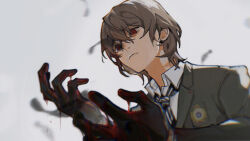 Rule 34 | 1boy, akechi gorou, black feathers, black gloves, blood, blood in hair, blood on face, blood on hands, brown hair, closed mouth, collared shirt, expressionless, falling feathers, feathers, from below, gloves, hair between eyes, highres, looking at hands, male focus, mika winter, necktie, persona, persona 5, red eyes, shirt, short hair, solo, striped necktie, upper body, vertical-striped clothes, vertical-striped necktie, white background