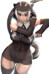 Rule 34 | 1girl, :q, alternate breast size, animal ears, antenna hair, arm up, backlighting, bare shoulders, blush, breasts, brown eyes, brown gloves, brown hair, brown thighhighs, cameltoe, covered navel, cowboy shot, dutch angle, elbow gloves, extra ears, fingerless gloves, giant otter (kemono friends), gloves, hair between eyes, hand on own shoulder, hand up, highres, kemono friends, large breasts, licking lips, long table, looking at viewer, medium hair, multicolored hair, one-piece swimsuit, otter ears, otter girl, otter tail, shibori kasu, sidelocks, sketch, smile, solo, stretching, swimsuit, table, tail, thighhighs, tongue, tongue out, two-tone hair, white hair, zipper, zipper pull tab