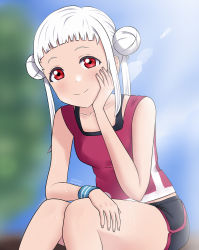 Rule 34 | 1girl, aqua wristband, arashi chisato, artist name, artist request, bare legs, black shorts, black tank top, blue sky, blue wristband, blurry, blurry background, blush, breasts, cloud, collarbone, day, double bun, elbow on knee, female focus, hair bun, hair tie, hand on own cheek, hand on own face, hand on own knee, hand on own leg, highres, long hair, looking at viewer, love live!, love live! school idol festival, love live! superstar!!, nail, nail polish, outdoors, parted lips, pink nails, pink nails, red eyes, red shirt, shirt, short shorts, short sleeves, shorts, sitting, sky, small breasts, smile, solo, sunlight, sweat, sweatdrop, tank top, twintails, undershirt, wavy hair, white hair