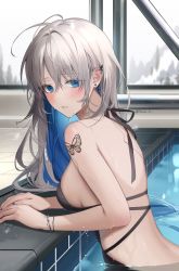 Rule 34 | 1girl, absurdres, ahoge, arm tattoo, back, black one-piece swimsuit, blue eyes, blue hair, blush, bracelet, breasts, butterfly tattoo, colored inner hair, commentary request, conifer, ear piercing, grey hair, hair between eyes, highres, jewelry, long hair, looking at viewer, looking to the side, medium breasts, multicolored hair, naru 0, one-piece swimsuit, original, parted lips, partially submerged, piercing, pool, pool ladder, poolside, sideboob, snow, swimsuit, tattoo, tile floor, tiles, tree, two-tone hair, wet, window