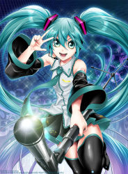 Rule 34 | 1girl, artist name, boots, detached sleeves, foreshortening, green eyes, green hair, hatsune miku, headset, kitano tomotoshi, long hair, matching hair/eyes, microphone, microphone stand, necktie, open mouth, skirt, solo, thigh boots, thighhighs, twintails, v, very long hair, vocaloid