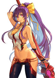 Rule 34 | 1girl, antenna hair, arm behind head, backless outfit, blazblue, blue hair, bow, breasts, cowboy shot, fingerless gloves, gloves, groin, hair bow, halterneck, hip vent, holding, holding polearm, holding weapon, hungry clicker, large breasts, long hair, looking at viewer, lowleg, lowleg pants, mai natsume, navel, outseal, pants, polearm, ponytail, purple eyes, sideboob, sleeveless, solo, spear, stomach, very long hair, weapon, weapon behind back, white background, yellow bow