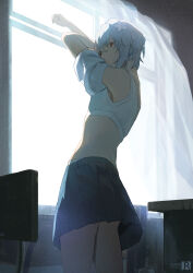 Rule 34 | 1girl, absurdres, accelerator (toaru majutsu no index), albino, ambiguous gender, androgynous, arms up, bare legs, blue skirt, classroom, covered mouth, curtains, desk, expressionless, flat chest, flower, from side, hair flower, hair ornament, highres, indoors, lily (flower), looking at viewer, miniskirt, pale skin, partially undressed, pixie cut, plastic-bridge, red eyes, sanpaku, school desk, shirt, short hair, signature, skirt, solo, sports bra, standing, stomach, sunlight, suzushina yuriko, toaru majutsu no index, undressing, white hair, white shirt, white sports bra, window