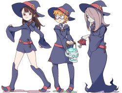 Rule 34 | 10s, 3girls, bad id, bad pixiv id, belt, blue eyes, boots, brown hair, dress, freckles, full body, glasses, hair over one eye, hat, kagari atsuko, knee boots, little witch academia, long dress, long hair, looking at another, looking back, looking down, lotte jansson, multiple girls, needle (pixiv20529936), orange hair, red eyes, school uniform, short dress, short hair, sucy manbavaran, walking, wide sleeves, witch, witch hat