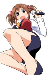 Rule 34 | 10s, 1girl, :d, anbe masahiro, breasts, brown eyes, brown hair, commentary, convenient leg, foreshortening, from below, high heels, idolmaster, idolmaster cinderella girls, large breasts, legs, microphone, necktie, no socks, open mouth, pencil skirt, pumps, royale style (idolmaster), scrunchie, skirt, smile, solo, tareme, thighs, totoki airi, twintails