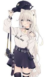 Rule 34 | 1girl, animal bag, animal ear fluff, animal ears, bad id, bad twitter id, bag, bare shoulders, baseball cap, belt, black hat, black nails, black skirt, black thighhighs, blush, bra strap, bracelet, breasts, cat ears, cat girl, choker, closed mouth, clothes writing, collarbone, cowboy shot, crescent, cross, cross earrings, cross necklace, earclip, earrings, english text, extra ears, fang, fang out, gem (symbol), grey eyes, hand up, handbag, hat, hat tip, highres, holding, holding clothes, holding hat, jewelry, kyubi (99b 1226), long hair, looking at viewer, medium breasts, miniskirt, multiple earrings, nail polish, necklace, o-ring, off-shoulder shirt, off shoulder, original, print headwear, ring, shirt, skindentation, skirt, slit pupils, smile, solo, spiked bracelet, spikes, themed object, thigh strap, thighhighs, unworn hat, unworn headwear, very long hair, white hair, white shirt, zettai ryouiki