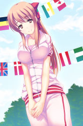 Rule 34 | 1girl, bow, breasts, brown eyes, day, flag, flags of all nations, hair bow, half updo, hanamaru youchien, jersey, large breasts, long hair, ponytail, siva (executor), sky, smile, solo, string of flags, track suit, union jack, yamamoto nanako