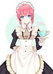 Rule 34 | 1girl, bad id, bad twitter id, blue eyes, breasts, closers, cup, looking at viewer, maid, pink hair, seulbi lee, short hair, simple background, smile, solo, srb7606, teacup