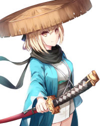 Rule 34 | 1girl, bad id, bad pixiv id, black scarf, blacktheif, blonde hair, bow, fate/grand order, fate (series), hair between eyes, hair bow, hat, holding, holding weapon, japanese clothes, katana, kimono, looking at viewer, okita souji (fate), okita souji (koha-ace), scarf, short hair, simple background, smile, sword, weapon, white background, yellow eyes