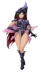 Rule 34 | 1girl, absurdres, black hair, blue eyes, boots, breasts, capelet, cosplay, crow (gravity daze), dark-skinned female, dark skin, dress, full body, gloves, gravity daze, hand on own hip, hat, highres, kataku musou, knee boots, long hair, looking at viewer, magi magi magician gal, magi magi magician gal (cosplay), medium breasts, multicolored hair, parted lips, pink capelet, purple footwear, purple gloves, red hair, short dress, simple background, thighs, white background, yu-gi-oh!, yu-gi-oh! zexal