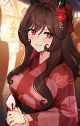 1girl animal_ears breasts brown_hair closed_mouth commentary flower gentildonna_(umamusume) hair_flower hair_ornament hayabusa_(vert_320) highres holding_hands horse_ears horse_girl japanese_clothes kimono large_breasts long_hair looking_at_viewer obi print_kimono red_eyes red_flower red_kimono sash smile solo_focus symbol-only_commentary umamusume