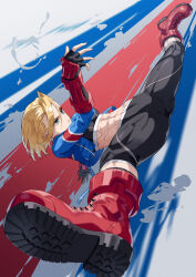 Rule 34 | 1girl, abs, black pants, blonde hair, blue eyes, blue jacket, boots, cammy white, capcom, crop top, cropped jacket, fingerless gloves, gloves, highres, jacket, midriff, pants, red footwear, short hair, solo, split, street fighter, street fighter 6, tight clothes, tight pants, yagi2013