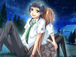 Rule 34 | 1boy, 1girl, :d, back-to-back, black hair, black thighhighs, brown hair, emblem, game cg, grey skirt, kinose azusa, looking back, open mouth, outdoors, puffy short sleeves, puffy sleeves, school uniform, short sleeves, skirt, sky, smile, star (sky), starry sky, starry sky (game), thighhighs, yahisa tsukiko