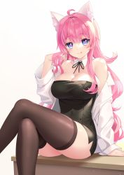 Rule 34 | 1girl, animal ears, black dress, black thighhighs, blue eyes, breasts, cat ears, dress, heart, heart-shaped pupils, highres, large breasts, licking lips, long hair, long sleeves, mvv, off shoulder, open clothes, open shirt, original, pink hair, shirt, short dress, sitting, sleeveless, sleeveless dress, solo, strapless, strapless dress, symbol-shaped pupils, thighhighs, tongue, tongue out, white shirt