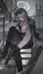Rule 34 | 1girl, absurdres, black gloves, black pants, blue archive, breasts, chest harness, cloud, cloudy sky, collared shirt, eyewear on head, gloves, grey hair, grey necktie, gun, hair over one eye, halo, handgun, harness, high-waist pants, high heels, highres, holding, holding gun, holding weapon, jacket, jacket on shoulders, kawa683, large breasts, long hair, looking at viewer, mina (blue archive), necktie, pants, pink eyes, rain, see-through, shirt, sitting, sky, solo, weapon, white shirt