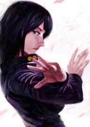 Rule 34 | 1girl, black hair, crossed arms, female focus, from side, high collar, impel down, jacket, lack, leather, long hair, nico robin, one piece, parted bangs, realistic, ringed eyes, solo