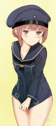 Rule 34 | 10s, 1girl, arm behind back, blush, brown eyes, brown hair, clothes pull, clothes writing, dress, dress pull, flat chest, hat, kantai collection, leaning forward, poco (backboa), sailor collar, sailor dress, sailor hat, short hair, simple background, solo, sweat, z3 max schultz (kancolle)