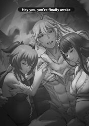 Rule 34 | 1boy, 2girls, abs, aether (genshin impact), ahoge, bell, big belly, bodystocking, breasts, cleavage, closed eyes, closed mouth, commentary, detached sleeves, earrings, english commentary, english text, ganyu (genshin impact), genshin impact, goat horns, greyscale, hair between eyes, hand on own stomach, highres, horns, jewelry, jornyhail, large breasts, long hair, looking at viewer, meme, monochrome, multiple girls, muscular, muscular male, neck bell, open mouth, parody, pregnant, raiden shogun, sitting, the elder scrolls, the elder scrolls v: skyrim, you&#039;re finally awake (meme)