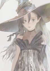 Rule 34 | 1girl, bare shoulders, black dress, black hair, closed mouth, dress, grey background, grey eyes, hair between eyes, hat, highres, large hat, light smile, long hair, looking to the side, matayoshi, original, pointy ears, simple background, solo, standing, witch, witch hat