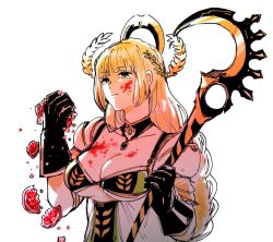 Rule 34 | 1girl, blonde hair, breasts, crushing, demeter (fate), detached collar, fate/grand order, fate (series), food, fruit, gloves, large breasts, long hair, nobicco, pomegranate, simple background, solo, white background