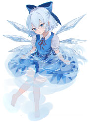 Rule 34 | 1girl, absurdres, bare legs, barefoot, blue bow, blue dress, blue eyes, blue hair, bow, cirno, dress, hair between eyes, hair bow, half updo, head tilt, highres, ice, ice wings, kani nyan, looking at viewer, melting, neck ribbon, pinafore dress, ribbon, shirt, simple background, sitting, sleeveless, sleeveless dress, solo, touhou, white background, white shirt, wings