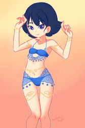 Rule 34 | 1girl, armband, arms up, bare shoulders, black hair, blue bra, blue panties, bra, bracelet, breasts, child, choker, collarbone, dancer, drantyno, female focus, gradient background, harem outfit, jewelry, looking at viewer, megu (ryuhi), navel, panties, pink background, purple eyes, short hair, simple background, small breasts, smile, solo, thigh strap, two-tone background, underwear, upper body, yellow background