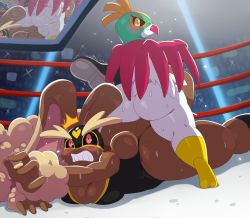 Rule 34 | 2girls, animal ears, ass, blush, bodysuit, breasts, creatures (company), defeat, eric lowery, female focus, fighting, furry, furry female, game freak, gen 4 pokemon, gen 6 pokemon, hawlucha, jewelry, large breasts, leotard, lopunny, luchador, multiple girls, nintendo, pain, pokemon, pokemon (creature), rabbit ears, ring, submission hold, sweat, thong leotard, violence, wrestling
