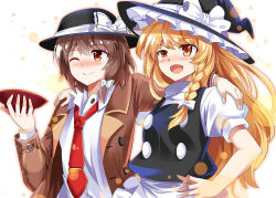 Rule 34 | 2girls, apron, arm around shoulder, black dress, blazer, blonde hair, blush, bow, braid, brown eyes, brown hair, cup, dress, drunk, e.o., hand on own hip, hat, hat bow, jacket, kirisame marisa, long sleeves, loose necktie, multiple girls, necktie, one eye closed, open clothes, open jacket, open mouth, puffy short sleeves, puffy sleeves, sakazuki, shirt, short sleeves, single braid, smile, tie clip, touhou, upper body, usami renko, waist apron, witch hat, yellow eyes