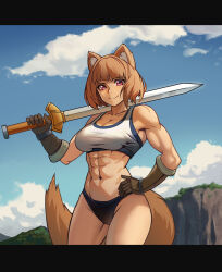 Rule 34 | 1girl, abs, absurdres, animal ears, bare hips, bare legs, biceps, breasts, brown gloves, brown hair, chance8000, cleavage cutout, clothing cutout, elbow gloves, gloves, highres, hill, holding, holding sword, holding weapon, large breasts, light smile, looking at viewer, midriff, muscular, muscular female, navel, raccoon ears, raccoon girl, raccoon tail, raphtalia, red eyes, short hair, sky, sports bikini, sports bra, sports panties, sword, tail, tate no yuusha no nariagari, weapon