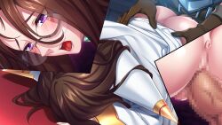 Rule 34 | 1girl, anus, ass, blush, brown hair, censored, clothed sex, dogeza, doggystyle, elf, elfen king, embarrassed, game cg, glasses, gloves, hikage eiji, huracan, indoors, long hair, lune (company), mosaic censoring, multiple views, nana g, no panties, open mouth, original, penis, pointy ears, purple eyes, pussy, ritos (elfen king), sex, sex from behind, top-down bottom-up, vaginal