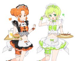 Rule 34 | 2girls, :d, apron, bikini, black bow, black skirt, bow, bridal garter, brown eyes, burger, colored eyelashes, commentary request, crop top, cup, disposable cup, double bun, food, frilled skirt, frills, green eyes, green hair, hair bun, hand up, highres, himitsu no aipri, holding, holding tray, idol clothes, looking at viewer, maid, maid bikini, maid headdress, mitsuba airi, multiple girls, navel, open mouth, orange hair, pretty series, shinomiya rinrin, short hair, simple background, skirt, smile, standing, summer maid coord, swimsuit, takoyaki, tray, unconventional maid, v over eye, waist apron, white apron, white background, white bow, yunomikuchi