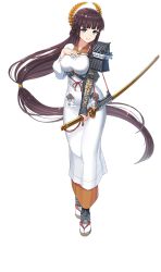 Rule 34 | 1girl, absurdly long hair, blue eyes, braid, bridal gauntlets, brown hair, french braid, full body, hamamatsu castle, highres, katana, long hair, low-tied long hair, official art, sandals, sheath, sheathed, shirohime quest, smile, solo, sword, tabi, transparent background, very long hair, weapon