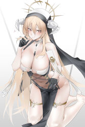 Rule 34 | 1girl, absurdres, azur lane, black gloves, blonde hair, blush, breasts, commentary request, covered navel, cross, gloves, gradient background, grey background, hair between eyes, halo, highres, hood, horns, implacable (azur lane), jewelry, kneeling, large breasts, long hair, looking at viewer, nun, orange eyes, ring, solo, thighhighs, translation request, white background, white thighhighs, zhemuxuanhua