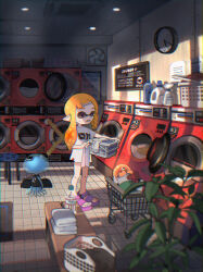 Rule 34 | 1girl, absurdres, air conditioner, analog clock, bench, blurry, blurry foreground, bottle, box, braid, cardboard box, ceiling light, clock, clothes dryer, colored sclera, commentary request, detergent, highres, holding, indoors, inkling, inkling girl, inkling player character, jellyfish (splatoon), laundromat, laundry, laundry basket, laundry cart, long hair, nintendo, no smoking, okaranko, open mouth, orange eyes, orange hair, paper, pink footwear, plant, pointy ears, print shirt, red eyes, red hair, rug, salmon run (splatoon), salmonid, sandals, scenery, shadow, shirt, short sleeves, side braid, sigh, single braid, smallfry (splatoon), splatoon (series), splatoon 3, spray bottle, standing, stool, sweatdrop, t-shirt, tentacle hair, tile floor, tiles, toes, towel, wall clock, washing machine, water bottle, white shirt, yellow sclera