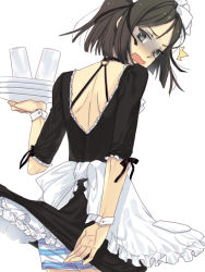 Rule 34 | 1boy, ^^^, alternate costume, bad id, bad pixiv id, black hair, boxers, crossdressing, enk, enmaided, fate/stay night, fate/zero, fate (series), from behind, green eyes, looking back, maid, maid headdress, male focus, male underwear, open mouth, parted bangs, short hair, simple background, solo, trap, tray, underwear, upskirt, waver velvet, wrist cuffs