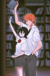 Rule 34 | 1boy, 1girl, absurdres, arm up, black hair, black pants, bleach, blush, book, bookshelf, bow, bowtie, brown eyes, clenched hand, collared shirt, commentary request, double-parted bangs, feet out of frame, from side, grey skirt, gwao ( ul 13), hair between eyes, hand in pocket, height difference, hetero, highres, holding, holding book, indoors, korean commentary, kuchiki rukia, kurosaki ichigo, library, looking at another, looking down, medium hair, miniskirt, orange hair, pants, parted lips, pleated skirt, profile, purple eyes, reaching, red bow, red bowtie, school uniform, shirt, short hair, short sleeves, skirt, spiked hair, standing, upturned eyes, v-shaped eyebrows, white shirt