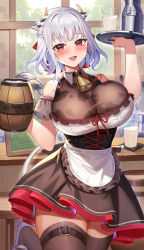 Rule 34 | 1girl, :d, absurdres, amahara subaru, animal ears, apron, bell, belt, blush, braid, breasts, brown thighhighs, corset, cow ears, cow horns, cowbell, cup, drinking glass, frilled apron, frills, grey hair, highres, holding, holding cup, holding tray, horns, huge breasts, indoors, looking at viewer, milk, milk churn, neck bell, open mouth, original, red eyes, shirt, shoes, short hair, short sleeves, smile, solo, standing, standing on one leg, thigh belt, thigh strap, thighhighs, tray, white apron, white shirt, wooden cup