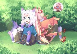 Rule 34 | 1boy, 1girl, :d, absurdres, animal ears, animal hands, back-to-back, bad id, bad pixiv id, blue skin, blush, claws, colored skin, day, fox ears, fox tail, geta, grass, highres, kitsune, long hair, low-tied long hair, ofuda, onmyoji, open mouth, outdoors, pink hair, pointy ears, ponytail, sitting, smile, speech bubble, tail, tattoo, tiaotiaomeimei, white hair, wide sleeves, youko (onmyoji), yufeng kaete