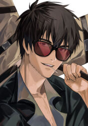 Rule 34 | 1boy, beard, black eyes, black hair, black jacket, candy, collared shirt, cross, facial hair, food, grey shirt, hand up, highres, jacket, lollipop, looking at viewer, male focus, mouth hold, nicholas d. wolfwood, open mouth, shirt, short hair, simple background, solo, sunglasses, trigun, trigun stampede, tte (t ombi), upper body, white background