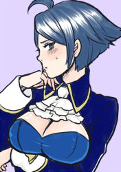 Rule 34 | 1girl, ahoge, bad id, bad pixiv id, blue eyes, blue hair, blush, breast hold, breasts, cleavage, cleavage cutout, clothing cutout, ascot, elisabeth blanctorche, large breasts, majoccoid, matching hair/eyes, short hair, solo, the king of fighters, upper body